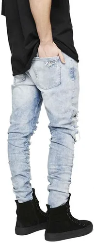 Vista 3 de HUNGSON Pantalones de mezclilla elásticos ajustados para hombre, jeans ajustados rasgados para hombre, pantalones de pierna recta desgastados