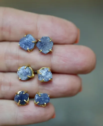 Vista 4 de Raw Blue Sapphire Gemstone Stud Earrings- Prong Setting- 14k Gold overlay on Sterling Silver- September Birthstone Birthday Gift Idea
