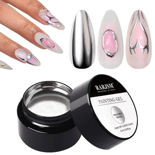Vista 9 de RARJSM Esmalte de uñas de gel con pintura metálica oro bronce cromo 3D, efecto espejo reflectante brillante, gel de dibujo metálico pintado, 8 ml
