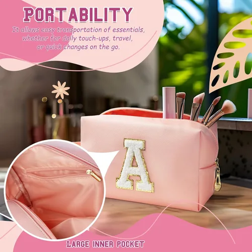 Vista 3 de Bolsa de maquillaje personalizada con inicial con asa, bolsa de cosméticos de preparación con bolsillo interior con cremallera, 8, 9, 10, 11, 12 Rosa