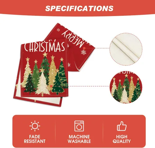 Vista 5 de Artoid Mode Camino de Mesa de Feliz Navidad con Árboles de Navidad y Copos de Nieve Rojos 210 GSM, Decoración de Mesa de Comedor de Cocina