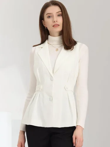 Vista 4 de Allegra K Blazer sin mangas para mujer, con cuello de solapa, chaleco de vestir plisado de un solo botonadura