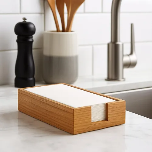 Vista 6 de Toallero de madera de acacia para servilletas de baño, bandeja de toalla de mano, soporte plano para servilletas de cóctel para mesa de cocina