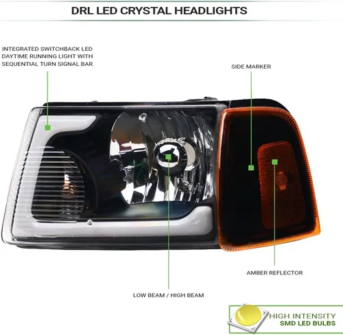 Vista 3 de 7422448582543 Compatible con 2001-2011 Ford Ranger Switchback Barra de tira LED secuencial de luces delanteras con carcasa negra y lámparas de señal