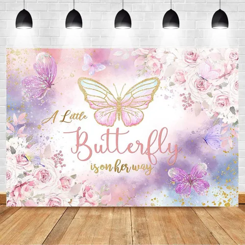 Vista 2 de Mocsicka Telón de fondo floral de mariposa para baby shower, acuarela rosa y morado floral, A Little Butterfly is On Her Way Girl Baby Shower