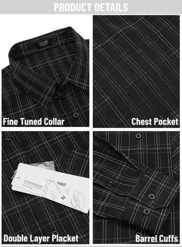 Vista 5 de COOFANDY Camisas de vestir para hombre, ajuste regular, con botones, sin arrugas, de manga larga, a cuadros