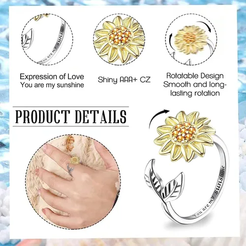 Vista 4 de Banemi Anillos antiestrés para la ansiedad para mujeres, anillo giratorio de flor de circonita cúbica, regalo de joyería para esposa, niña, día
