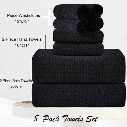Vista 3 de Juego de 8 toallas de baño grandes negras para la familia, 2 toallas de baño de gran tamaño, 2 toallas de mano, 4 toallas pequeñas, 600GSM, suaves