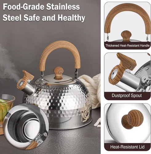 Vista 4 de Hervidor de té, acero inoxidable de grado alimenticio con mango plegable de madera, hervidor silbante para estufas de inducción, gas y eléctricas