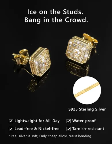 Vista 4 de KRKC&CO Earrings Stud for Men, Silver Post Square Earrings 2-Dorado-b