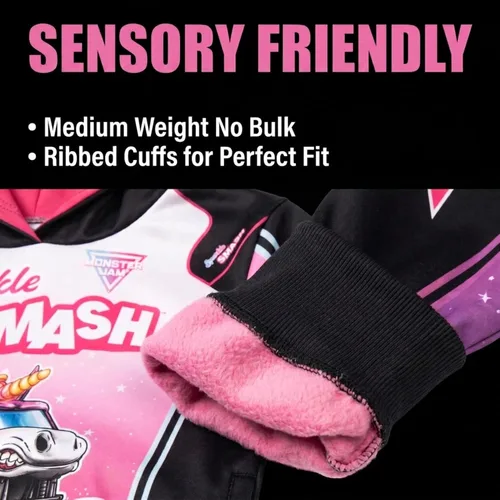 Vista 2 de Sudadera con capucha de forro polar Monster Jam para niños de pequeño a grande Grave Digger El Toro Loco Megalodon Sparkle Smash
