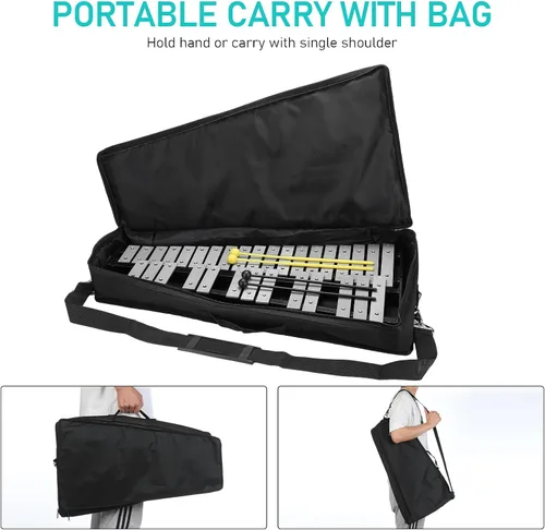 Vista 5 de Kit de percusión de xilófono Glockenspiel de 32 notas con soporte ajustable en altura, baquetas y estuche de transporte