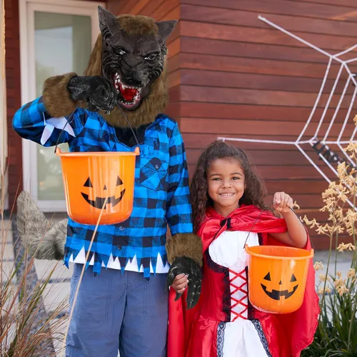 Vista 4 de Wettarn Disfraz de máscara de hombre lobo de Halloween para adulto, máscara de cabeza de hombre lobo, cola de lobo de piel sintética gris, guantes
