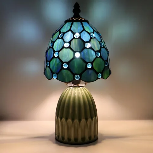 Vista 7 de Tiffany Stained Glass Mushroom Table Lamp 12.5 Inch -Sea Blue Pearl