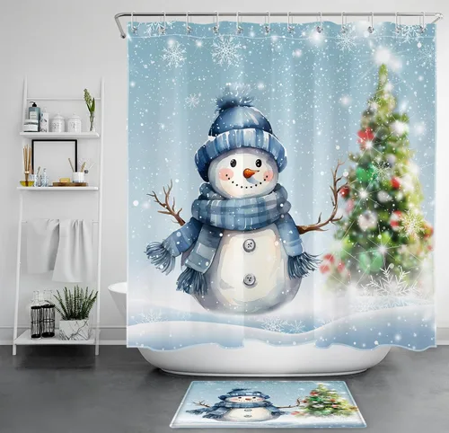 Vista 9 de EOBTAIN Cortina de ducha de muñeco de nieve azul de invierno para baño, árbol de Navidad y copo de nieve en la escena de la nieve, cortina de ducha