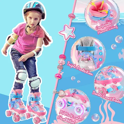 Vista 6 de Patines de Sirena para Niñas, MoSoulais 4 Tamaños Ajustables con Ruedas Iluminadas para Niños Pequeños, Patines para Mujeres Principiantes