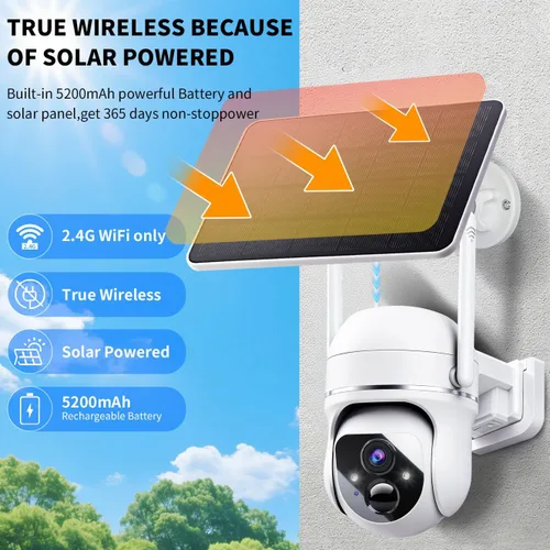 Vista 2 de Cámara inalámbrica de seguridad solar de 3 MP con visión de 360 ° con batería solar, cámara WiFi con detección de movimiento AI/conversación de 2
