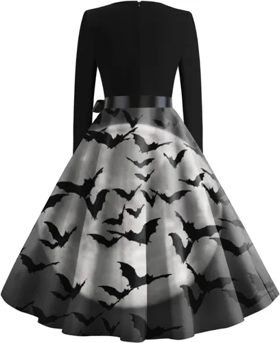Vista 2 de Vestidos de Halloween para mujer, de manga larga, vestido de cóctel con vuelo, estampado de bruja de calabaza, disfraz de fiesta de cosplay, vestido
