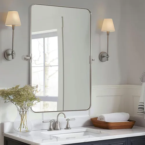 Vista 15 de Espejo giratorio Moon Mirror de oro cepillado, espejo inclinable de latón para tocador rectangular para baño, medidas totales 24.33 x 28 pulgadas