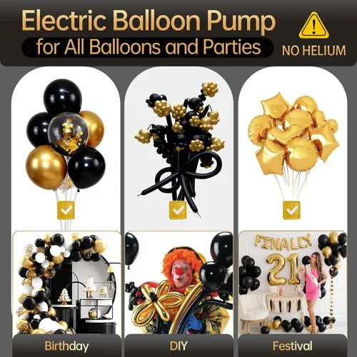 Vista 5 de Bezente Balloon Pump Electric, 3-in-1 Portable Black Gold Electric Air Machine Balloon Pump Dual Nozzle Balloon Inflator for Inflatables and Latex