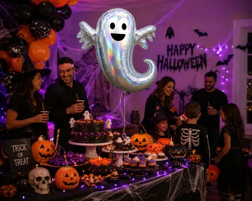 Vista 5 de Juego de 2 globos holográficos de papel de aluminio para fiesta de fantasmas espeluznantes de 28 pulgadas