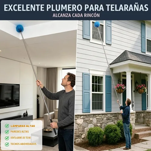 Vista 4 de Plumero de telaraña con poste de extensión de 5 pies, mango de acero inoxidable ajustable y cerdas rígidas, cepillo ligero para limpieza en Plateado