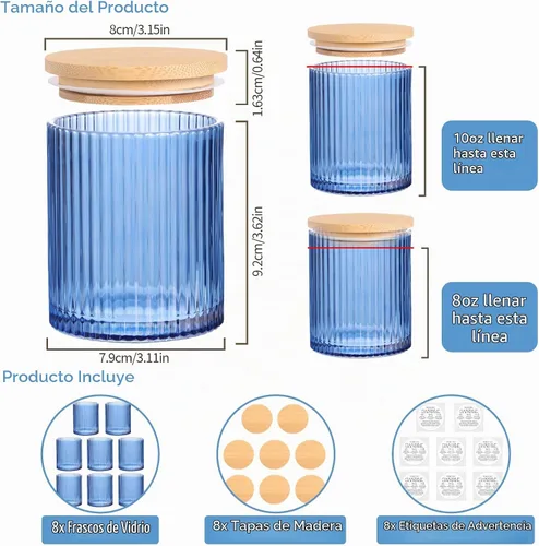 Vista 2 de sunnyfuture Juego de 8 tarros de vela azules de 10 onzas para hacer velas, tarros de vela de vidrio acanalado con tapas y etiquetas de madera