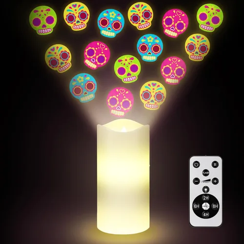 Vista 9 de Proyector de velas sin llama de Navidad, proyector de dulces para interiores, vela LED para vacaciones, funciona con pilas, luz nocturna