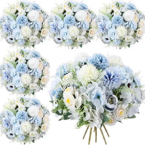 Vista 7 de Tigeen - Ramo de flores artificiales para boda, 6 paquetes, color azul