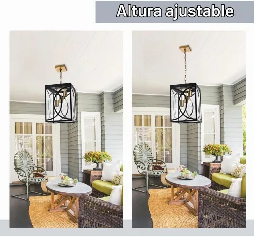 Vista 5 de Lámparas colgantes para exteriores, moderna linterna colgante exterior de 3 luces, panel de cristal transparente, candelabro grande negro para Negro