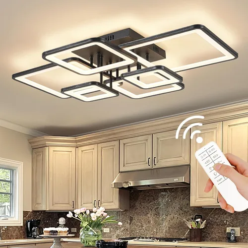 Vista 11 de Shine LUEST Modernas luces LED de techo para dormitorio, 26 pulgadas, regulables, cuadradas, para sala de estar, con control remoto, lámpara negra