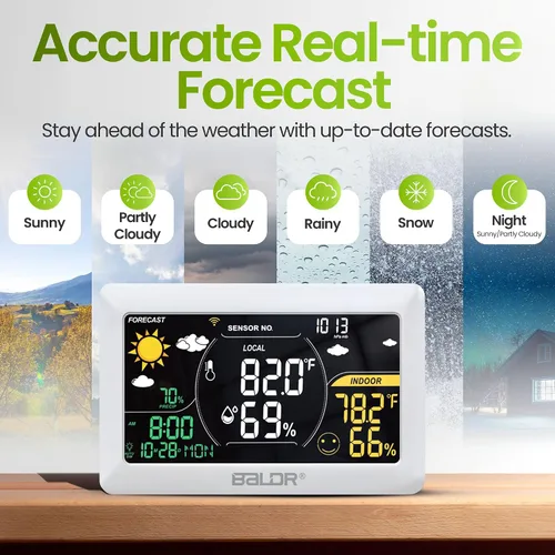 Vista 2 de BALDR Estación meteorológica WiFi con aplicación, termómetro inalámbrico para interiores y exteriores con monitor de humedad, pronóstico en tiempo