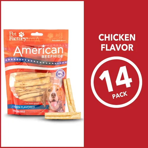 Vista 4 de Pet Factory American Beefhide - Mini rollos de golosinas masticables para perros de 3 a 3.5 pulgadas, sabor a pollo, 14 unidades/1 paquete
