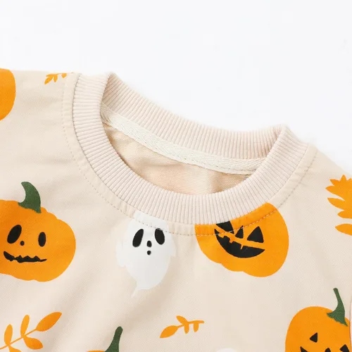Vista 6 de HILEELANG Sudaderas de Halloween para niños pequeños, de algodón, sin botones, con estampado de calabaza, murciélago, boo, para niños y niñas