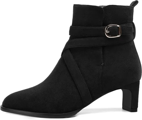 Vista 2 de WAYDERNS Botas altas de tobillo de gamuza para mujer, con correa de tobillo, puntera redonda, bloque sólido, tacón bajo, 2 pulgadas