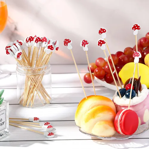 Vista 3 de Palos de cóctel de hongos, palillos de dientes de bambú, brochetas largas de cóctel para aperitivos, bebidas de frutas, palitos de comida