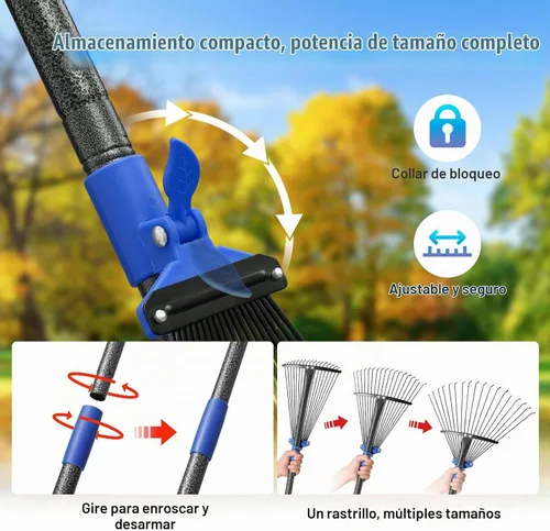 Vista 4 de Rastrillo para hojas: rastrillo de hojas de metal ajustable para césped, cabeza expandible de 8 a 17 pulgadas, mango largo de 45 pulgadas