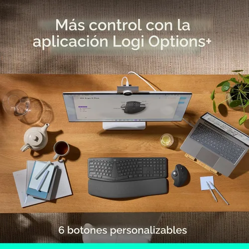Vista 5 de Logitech MX Ergo S Mouse de trackball inalámbrico avanzado, ratón inalámbrico ergonómico recargable por USB-C con Bluetooth y dongle cifrado, 6