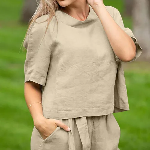 Vista 6 de Conjunto deportivo de 2 piezas para mujer, sudadera de lino de media manga de cuello alto con lazo en la cintura, pantalones holgados