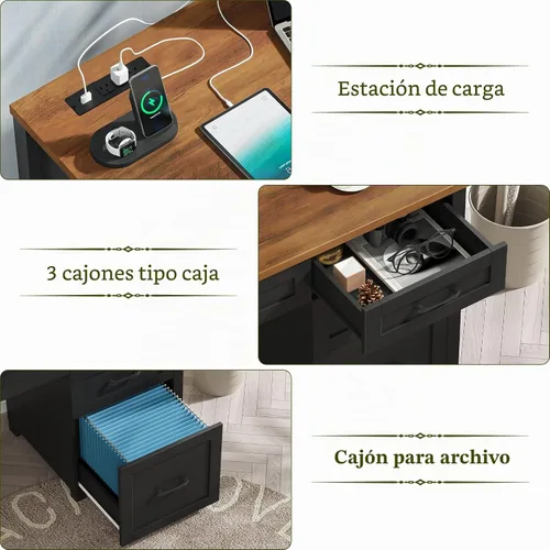 Vista 3 de Vabches Farmhouse - Escritorio ejecutivo de 47 pulgadas con 4 cajones, escritorio para computadora con cajón de archivos y estación de carga, Negro