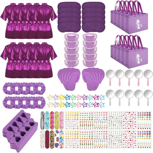 Vista 13 de 122 piezas Kit de fiesta de spa rosa y rosa intenso para niñas, paquete de 10 recuerdos de fiesta de pijamas con batas de satén, bolsas de mano