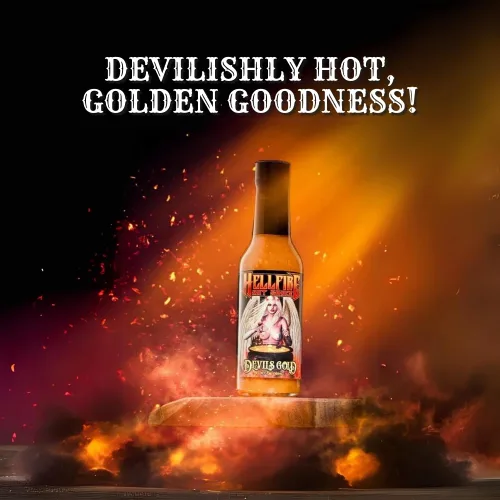 Vista 8 de Salsa picante Hellfire Devil's Gold, galardonada con múltiples premios, salsa picante gourmet a base de frutas, cuenta con pimientos amarillos súper