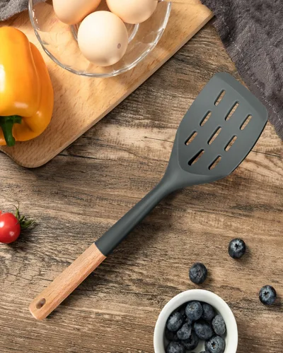 Vista 7 de Espátula de silicona antiadherente, borde flexible antiarañazos para sartenes, mango de madera cómodo antideslizante, resistente al calor, espátulas