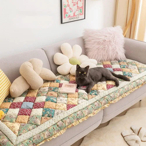 Vista 2 de vctops Funda acolchada de algodón bohemio con retazos para sofá, funda de sofá modular con volantes para sala de estar, antideslizante, suave, cojín