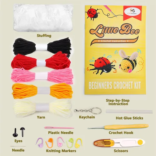 Vista 3 de PP OPOUNT Kit completo de ganchillo para principiantes, linda abeja y mariquita, paquete de inicio para adultos y niños, incluye instrucciones paso