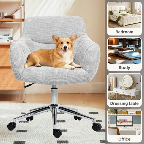 Vista 6 de Sillas de escritorio de oficina en casa, silla giratoria pequeña para computadora con ruedas, silla de tocador tapizada, silla de oficina