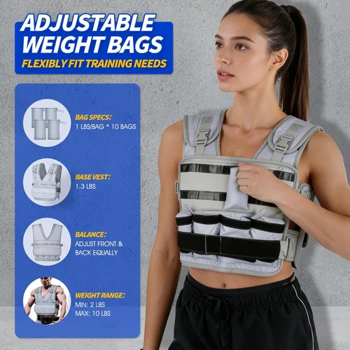 Vista 6 de Chaleco con peso ajustable para mujeres y hombres (3.3-11.3 libras), intensidad de peso personalizada para todos los ejercicios, ajuste cómodo y Gris