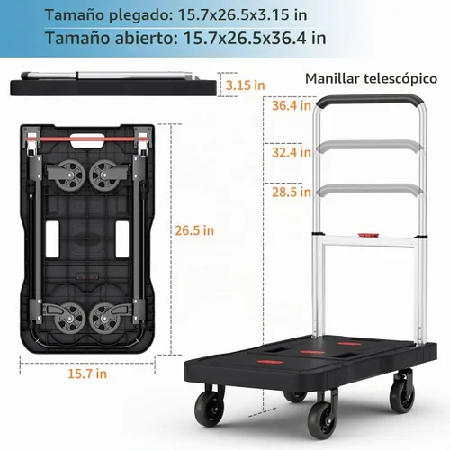 Vista 5 de Carro de empuje plegable para camión de plataforma, capacidad de peso de 330 libras, mango ajustable para carretilla de mano con ruedas giratorias