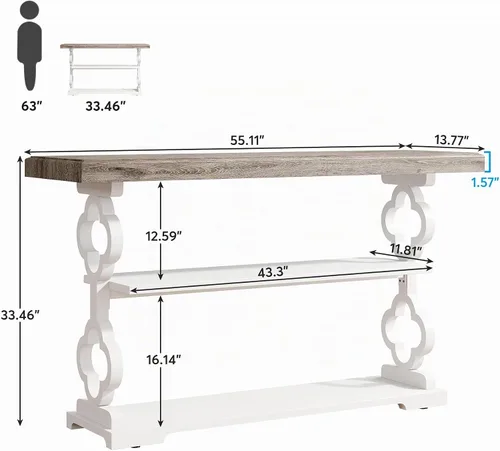 Vista 2 de Tribesigns Mesa consola de granja, mesa de sofá de 55 pulgadas de largo con estantes de almacenamiento, mesa de entrada de madera de 3 niveles