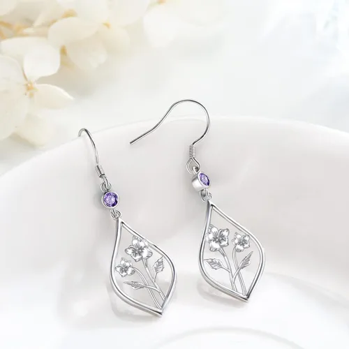 Vista 2 de Aretes de flor de nacimiento de plata de ley, aretes de gota de flor de mes de piedra natal, regalos de joyería de cumpleaños